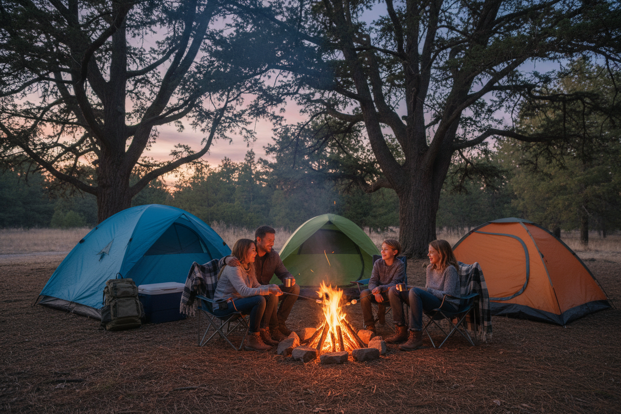 family sitting around a camp fire with tents