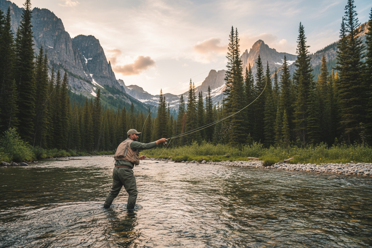 guy fly fishing in a stream with mountains in the background