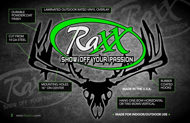 A promotional image for Raxx, showcasing a durable metal bow rack with a stylish antler design and features for indoor/outdoor use.